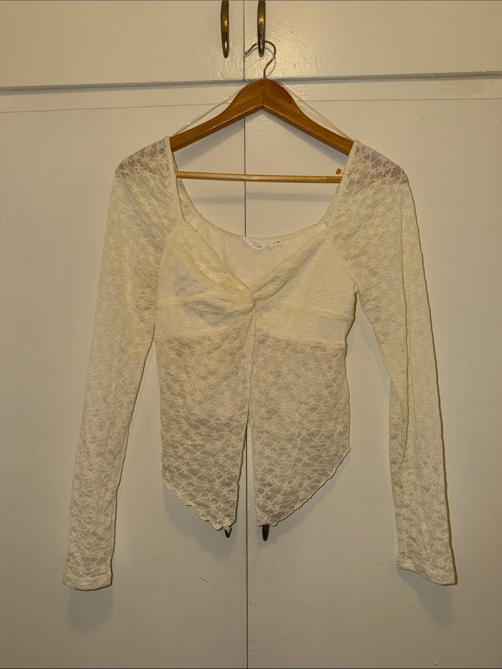 Lush Cream Lace Long-Sleeve Twist-Front Blouse
